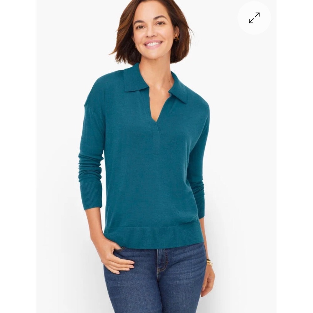 Talbots Polo Sweater Womens 2X Teal Blue Merino Wool Preppy V-Neck KH5348